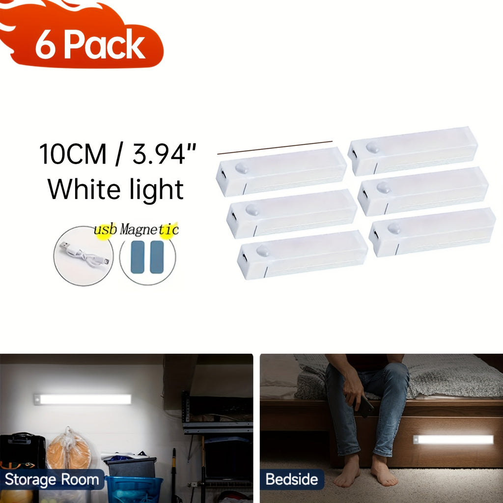 6 Pack LED Motion Sensor Light, USB Rechargeable Under Cabinet Lights, White Light Magnetic Undercounter Lighting, Dimmable Night Light LED Sensor Lights for Bedroom, Kitchen, Bathroom, Wardrobe, Desk, Closets Cupboard Stairs Corridor