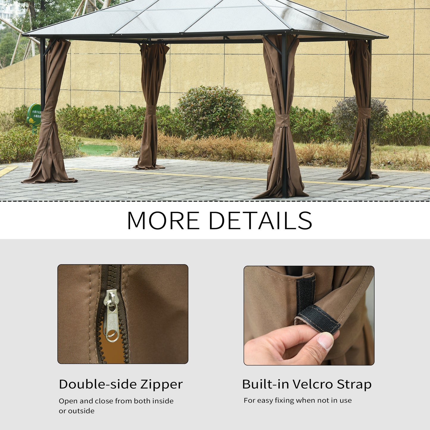 Gazebo Privacy Curtains 4-Panel with Zipper – Replacement Side Panels for 10’x12’ Gazebo or Pergola, Durable Polyester Fabric, Hooks & C-Rings Included, Wind & Sun Protection – Brown