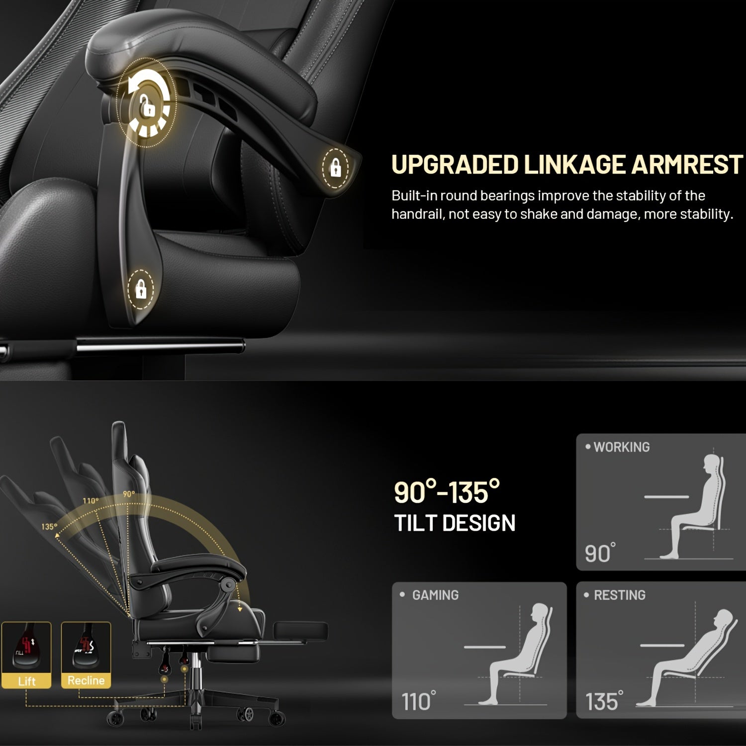 Ergonomic Gaming Chair with Lumbar Massage & Adjustable Headrest, The Most Beloved Christmas Gift for Gamers, High-Back PU Leather Computer Seat with Retractable Footrest and 360° Swivel Base for Home Office, Gaming