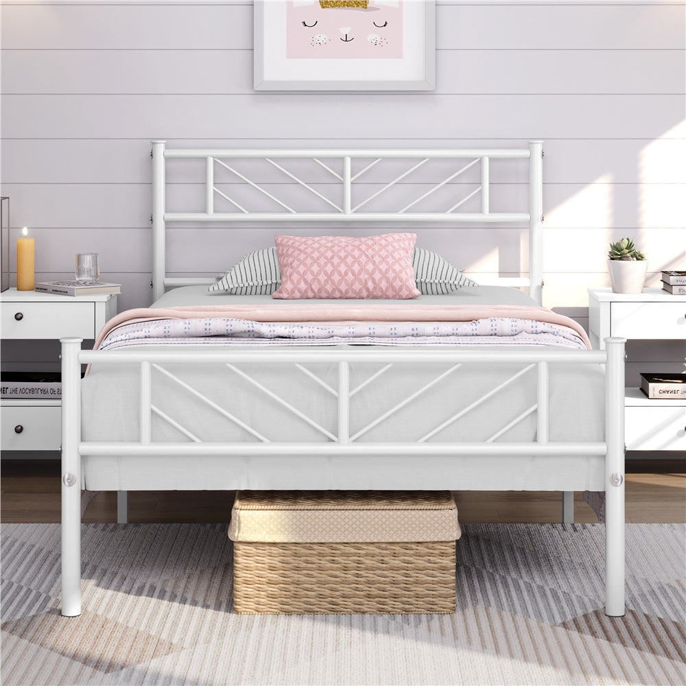ALDEN DESIGN Bed Frame, Metal Platform Bed Frame, Minimalist Metal Platform Bed with Arrow Design Headboard and Footboard, metal bed foundation, Underbed Storage for Luggage, Shoes, Bags, No Box Spring Needed, White/Black, Twin/Full/Queen Size