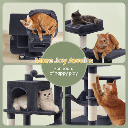 Cat Tree 44-Inch Multi-Level Cat Tower for Indoor Cats – Cat Condo with Scratching Posts, Perches, Hammock & Cave, Plush Smoky Gray, Fits Up to 4 Cats
