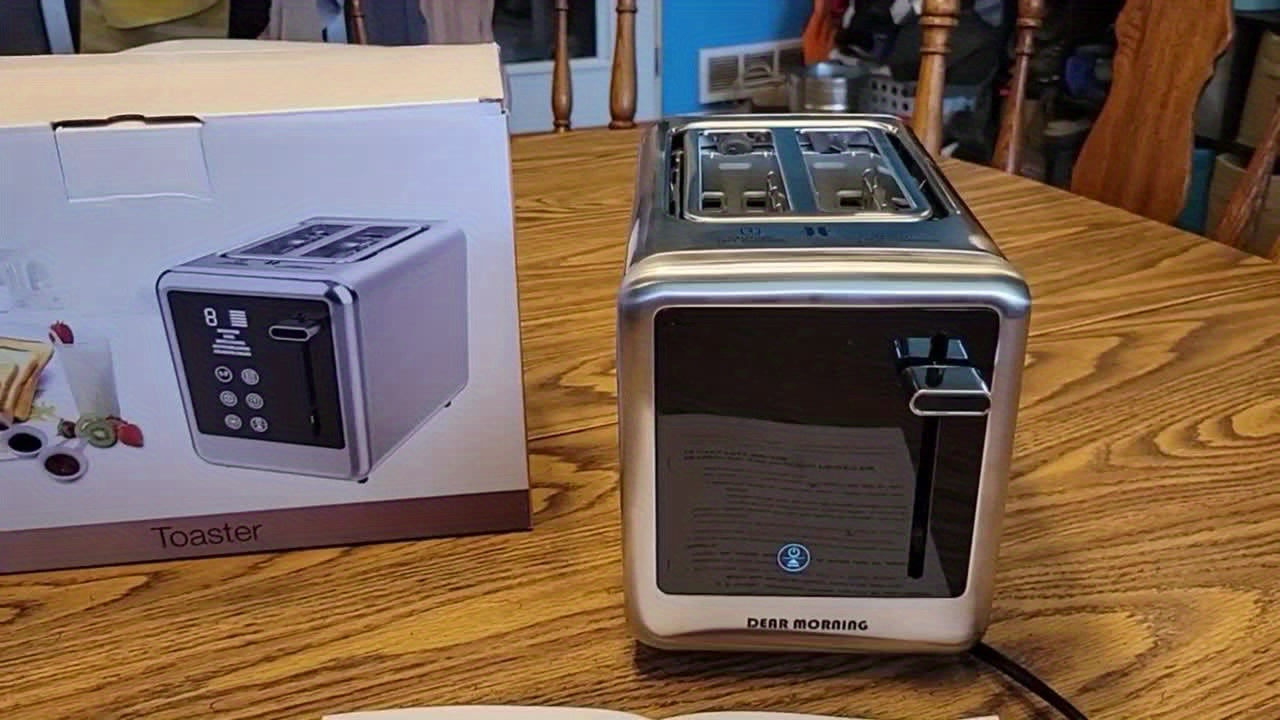 Stainless Steel Toaster with Dual-Slice Digital Touchscreen, Offering 5 Types of Bread And 6 Browning Levels. This 1.5-Inch Smart Toaster Includes Functions for Bagels, Cancel, Defrost, And Memory