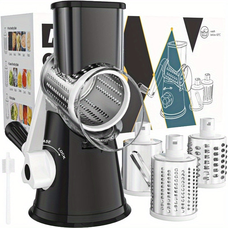 Rotary Cheese Grater Hand Crank Shredder with 3 Interchangeable Blades – Non-Slip Suction Base for Cheese, Vegetables & Nuts, Includes Cleaning Brush, Red