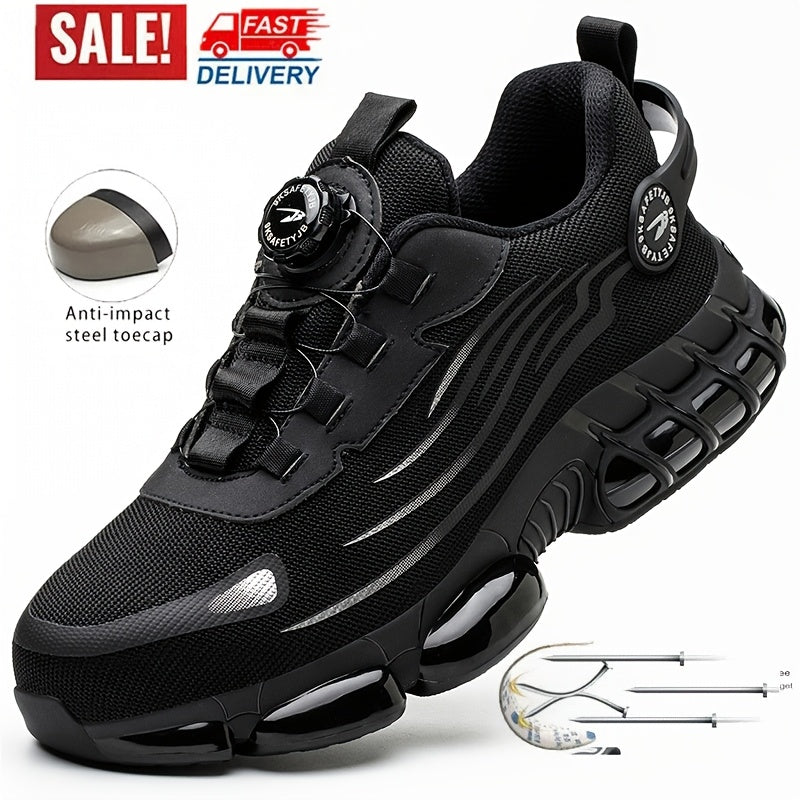 Rotating Lace Steel Toe Work Shoes Men – Puncture-Proof Breathable Non-Slip Safety Sneakers with Rotating Button, Lightweight Fashion Work Boots for Construction Site, Warehouse & Outdoor, US 7.5–12.5