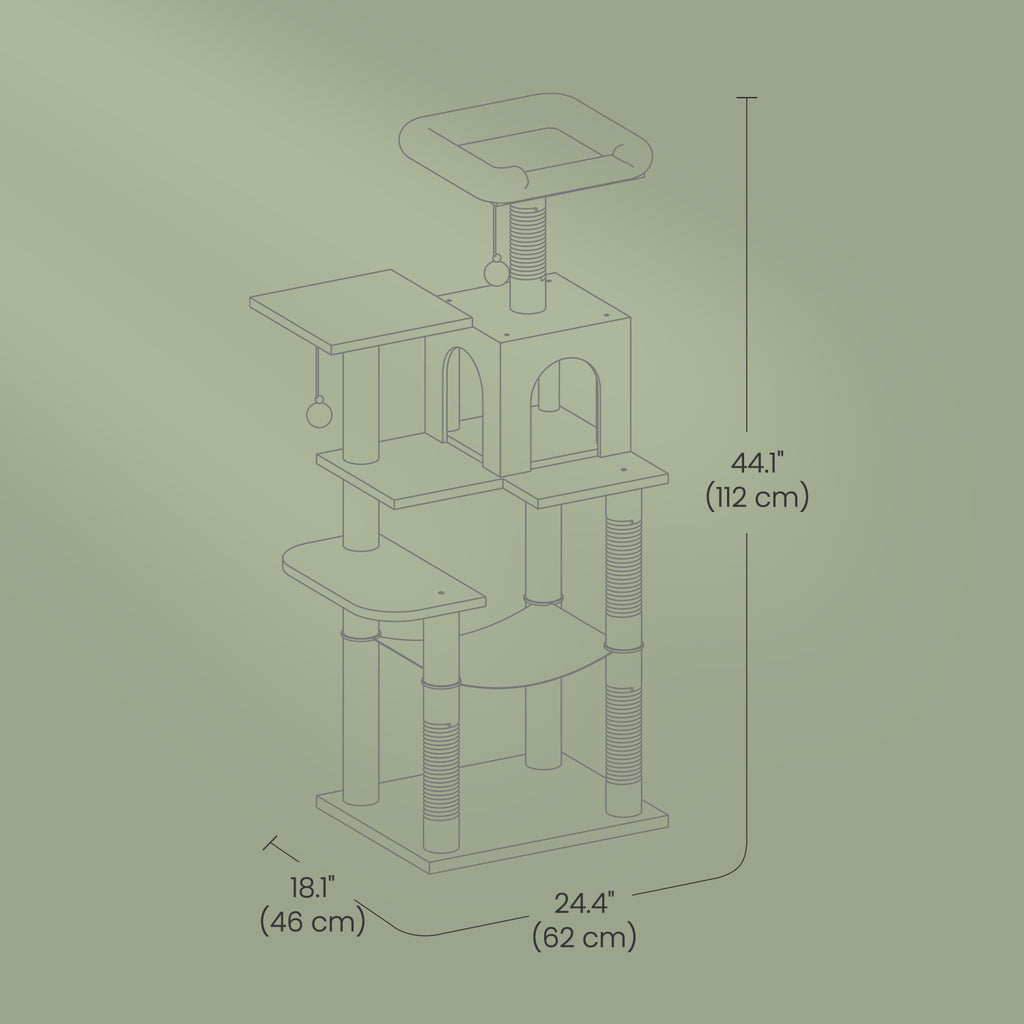 Cat Tree, 44.1-Inch Cat Tower for Indoor Cats, Multi-Level Cat Condo with Scratching Posts, Perches, Hammock and Cave, Smoky Gray