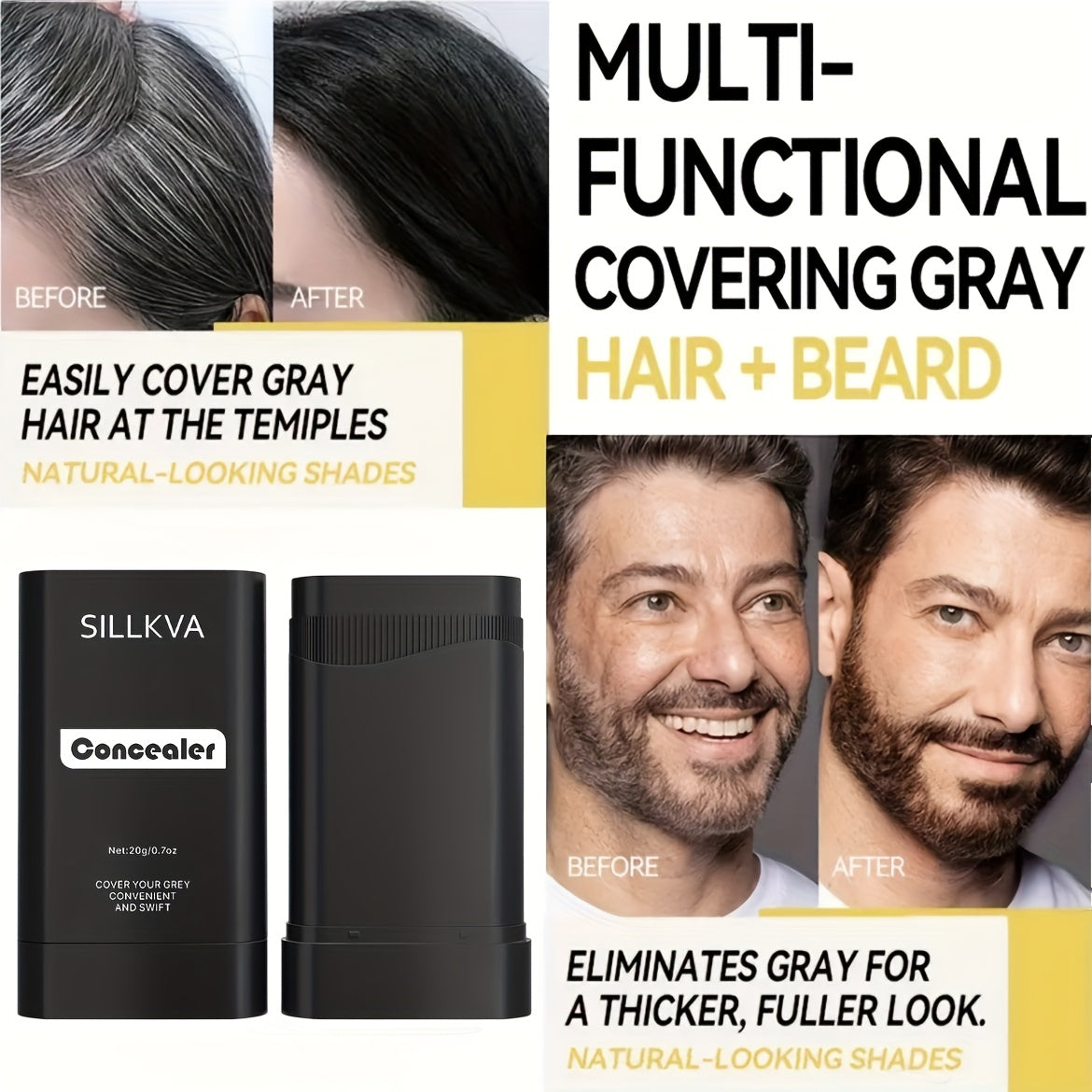 Hair & Beard Color Concealer Comb with Fine Teeth - SILLKVA Waterproof Gray Coverage Root Touch-Up & Mustache Coloring Stick, 5 Shades, 0.7oz, Long-Lasting Formula for Men & Women