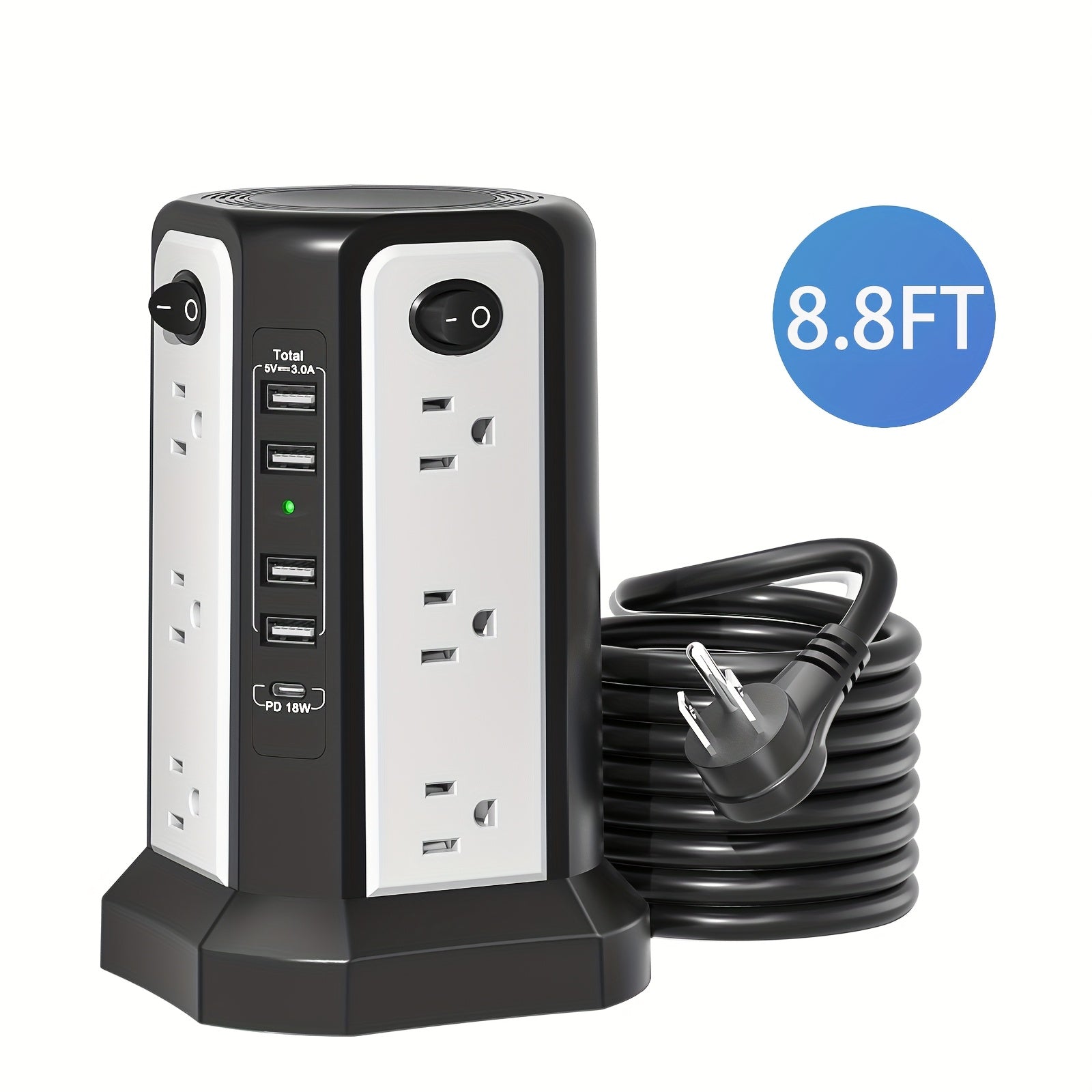 Tower Surge Protector Power Strip 17-in-1 – 8.8FT Extension Cord, 12 AC Outlets, 5 USB Ports with PD 18W USB-C, Surge Protection for Home Office Dorm & Business, Grey