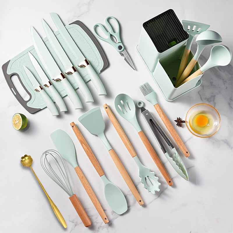 20pcs Kitchen Cooking Utensils and Knife Set with Knife Block, Including 11pcs Silicone Cooking Utensil Set, 5 Sharp Stainless Steel Chef Knives, Scissors, Whisk, Petal Spoon, and Cutting Board
