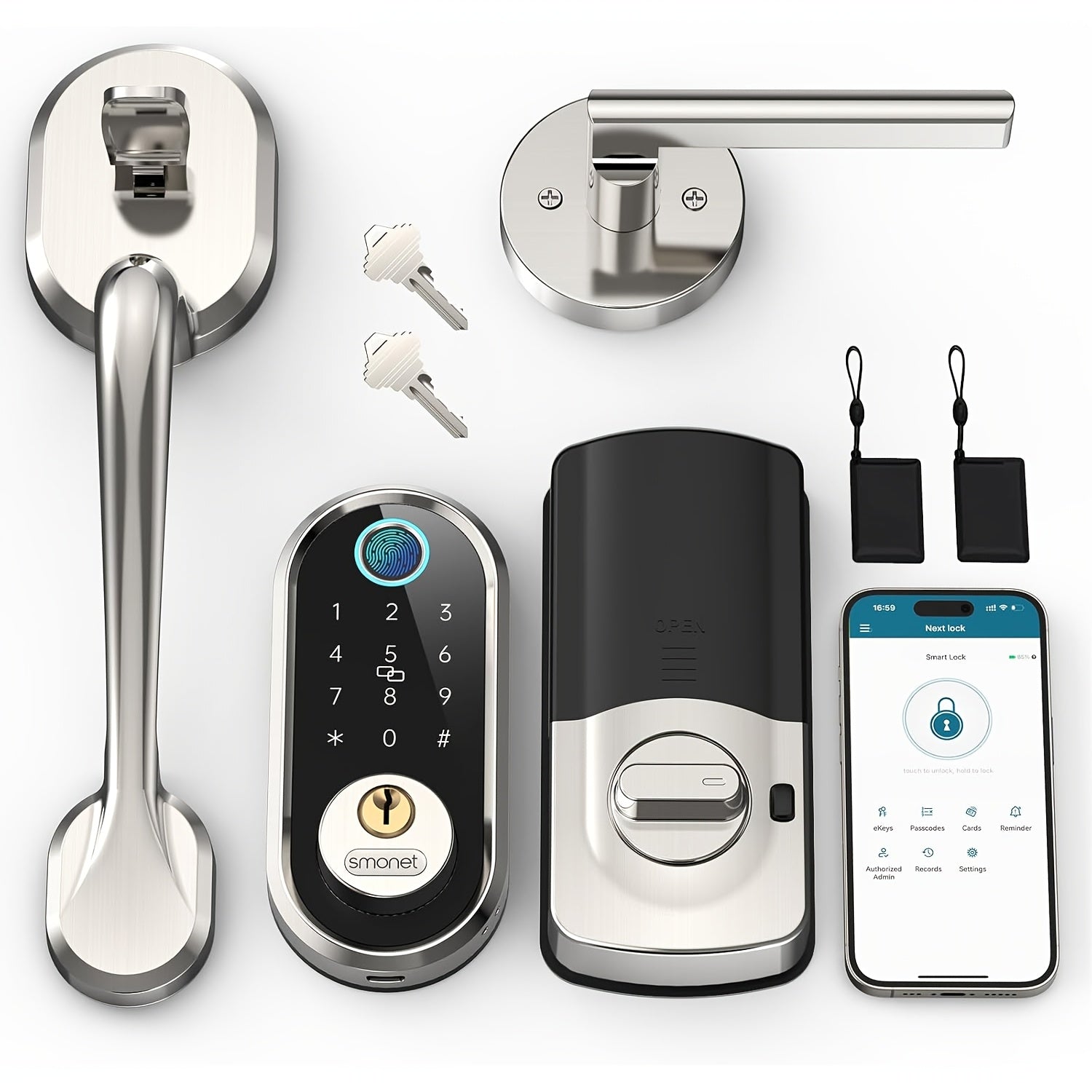 SMONET Smart Lock Front Door Lock Handle Set, Fingerprint Keyless Entry Digital Keypad Deadbolt Lock with Electronic Handle for Home Exterior Front Doors Auto Lock Wireless APP Control