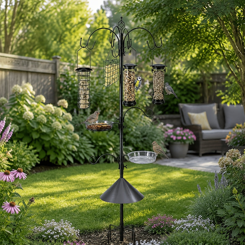 SNYNUXX Squirrel-Proof Bird Feeder, 94-Inch Adjustable Heavy-Duty Feeder Rod, Outdoor Wild Bird Feeder Set, Includes Shepherd Hooks, Squirrel Baffle, Metal Tray, Bird Feeder Cage, And Bird Bath Dish. Suitable for Gardens, Gift for Family