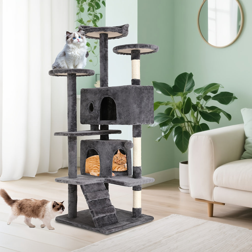 Cat Tree, 54-inch Indoor Cat Tree Tower Multi-Level Cat Furniture Activity Center with Scratching Posts House-Style Cat Condo Stand with Playful Toys