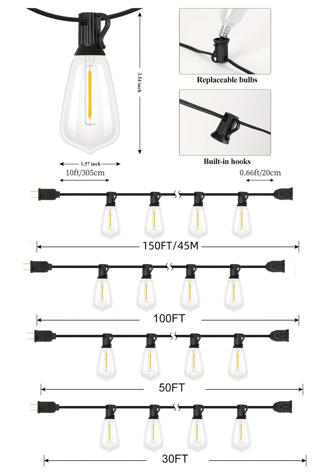 Shatterproof Outdoor String Lights 50ft 100ft 150ft Warm White Dimmable Patio Lights with ST38 LED Edison Bulbs, Connectable Hanging Lights for Backyard, Balcony, Porch & Party – Indoor Outdoor Garden Decor