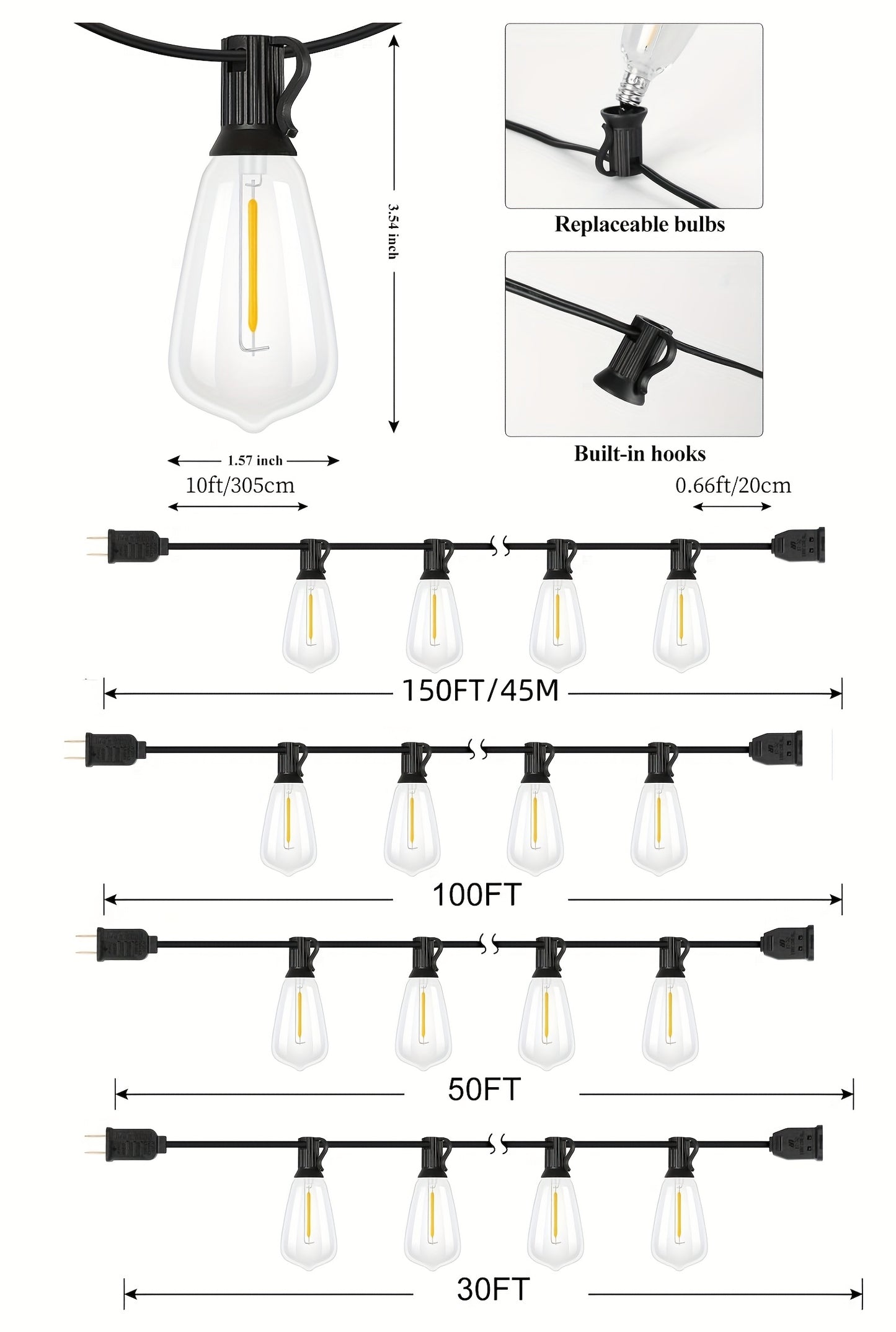Shatterproof Outdoor String Lights 50ft 100ft 150ft Warm White Dimmable Patio Lights with ST38 LED Edison Bulbs, Connectable Hanging Lights for Backyard, Balcony, Porch & Party – Indoor Outdoor Garden Decor