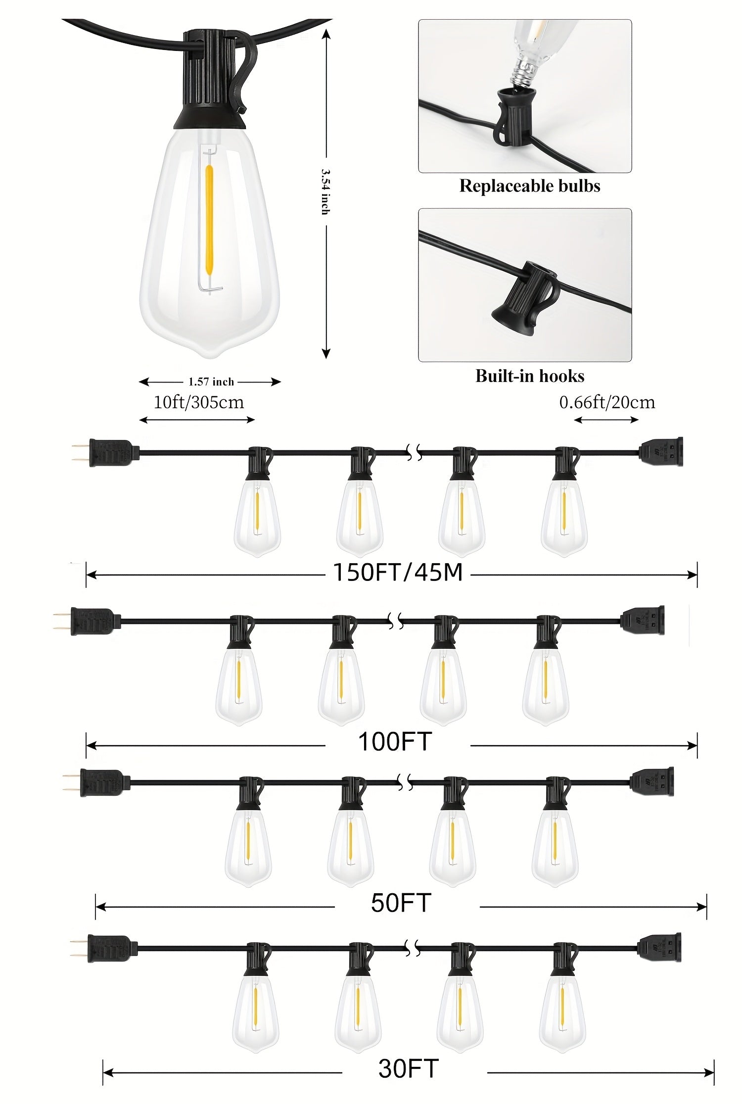 Shatterproof Outdoor String Lights 50ft 100ft 150ft Warm White Dimmable Patio Lights with ST38 LED Edison Bulbs, Connectable Hanging Lights for Backyard, Balcony, Porch & Party – Indoor Outdoor Garden Decor