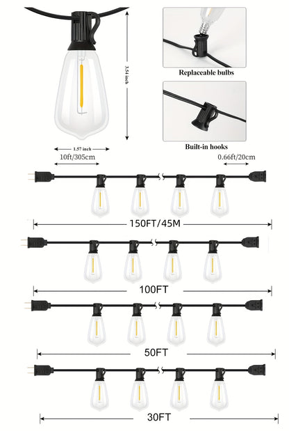 Shatterproof Outdoor String Lights 50ft 100ft 150ft Warm White Dimmable Patio Lights with ST38 LED Edison Bulbs, Connectable Hanging Lights for Backyard, Balcony, Porch & Party – Indoor Outdoor Garden Decor