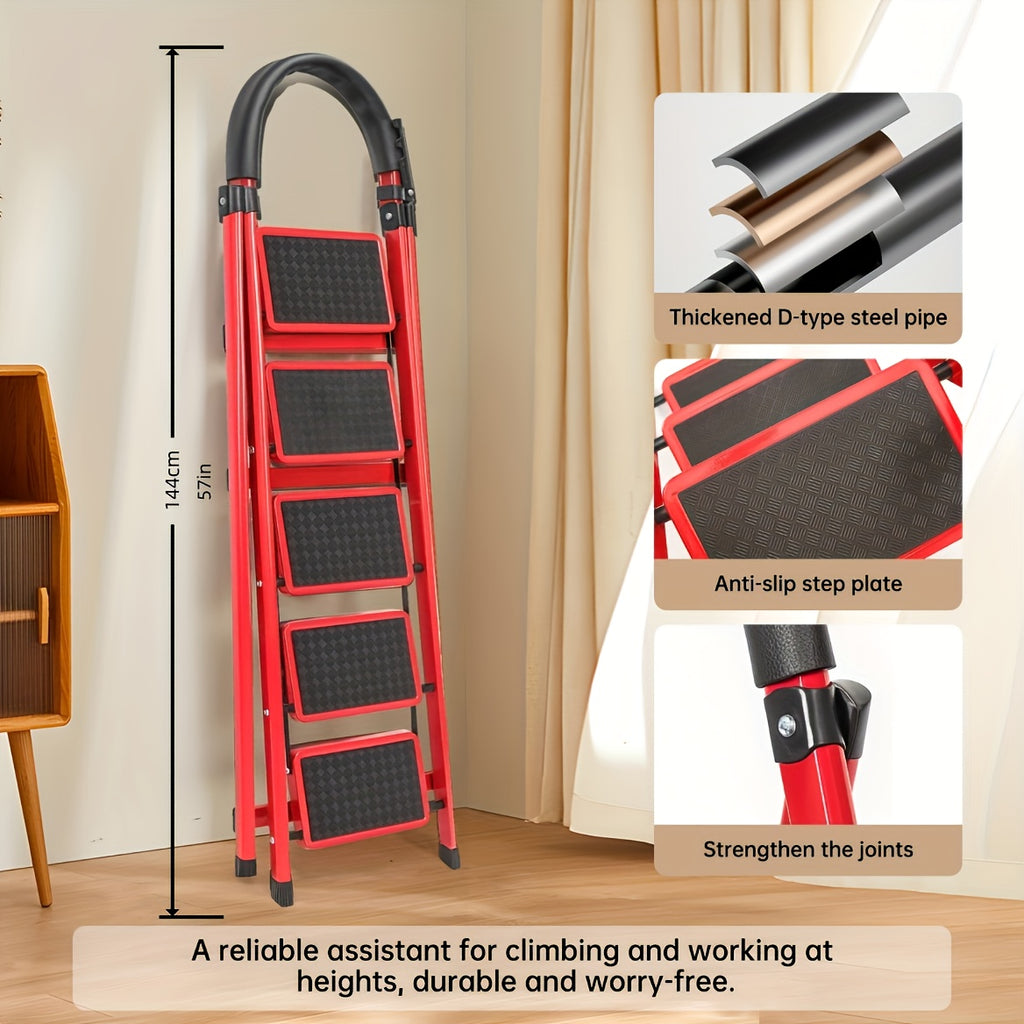 550 Heavy-Duty 3/4/5-Step Folding Ladder - Heavy-Duty A-Frame Metal Ladder with Thickened Non-Slip Iron Steps, Wide Base And Locking System, 3/4/5-Section Foldable Design for Home - 550 Weight Capacity (Use)