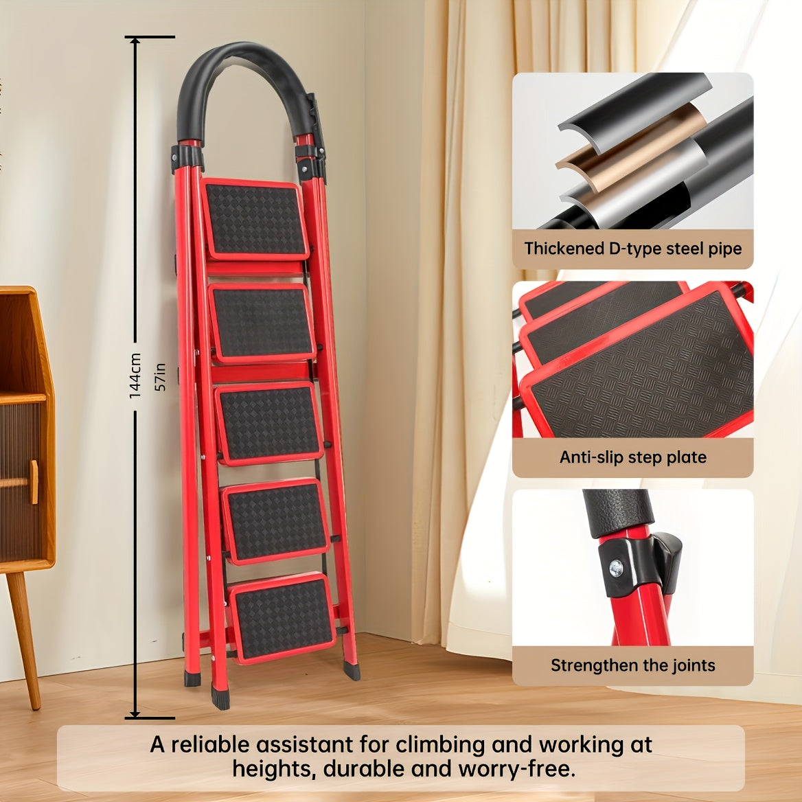 550 Heavy-Duty 3/4/5-Step Folding Ladder - Heavy-Duty A-Frame Metal Ladder with Thickened Non-Slip Iron Steps, Wide Base And Locking System, 3/4/5-Section Foldable Design for Home - 550 Weight Capacity (Use)