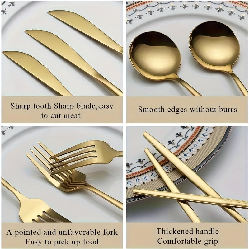 30/60pcs Stainless Steel Cutlery Set, Including Steak Knife, Fork, Spoon And Teaspoon, Dinner Fork, Dinner Spoon, Fruit Fork, Dessert Spoon, Coffee Spoon, Mirror Polished, Suitable for Family Restaurants, Hotels, Parties, Weddings