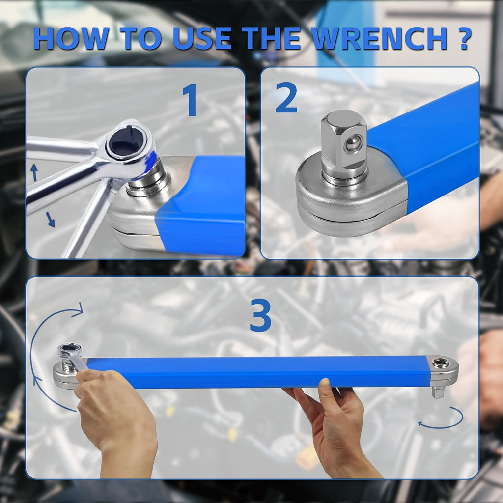 2-in-1 Multi-Function Ratchet Offset Extension Wrench with 1/2", 1/4" and 3/8" Square Head Adapters for Tight Spaces, 180 Degree Swivel, High Torque, Non-Slip Handle, Durable Metal