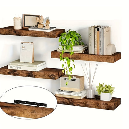 Floating Shelves Wall Mounted 4pcs Set – Hidden Bracket No-Drill Space Saver Shelf for Living Room Bathroom Kitchen Bedroom Wall Decor Storage Rack Brown Black White