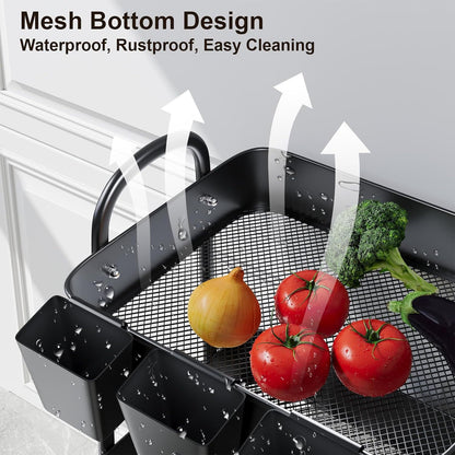3-Tier Rolling Storage Cart with Lockable Wheels - Metal Mesh Utility Cart 15kg Per Shelf, 360 Degree Casters, Hanging Baskets and Hooks, for Kitchen Bathroom Garage Classroom Craft Canada