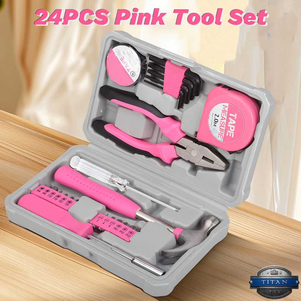 Pink Tool Set Halloween Gift | 24pcs CR-V Alloy Steel Car Repair Tool Kit Set W/ Toolbox | Professional Wrenches/ Pliers/ Screwdrivers/ Claw Hammer/ Tape Measure | Anti-Rust Durable Hand Tools for Automotive & Motorcycle Maintenance