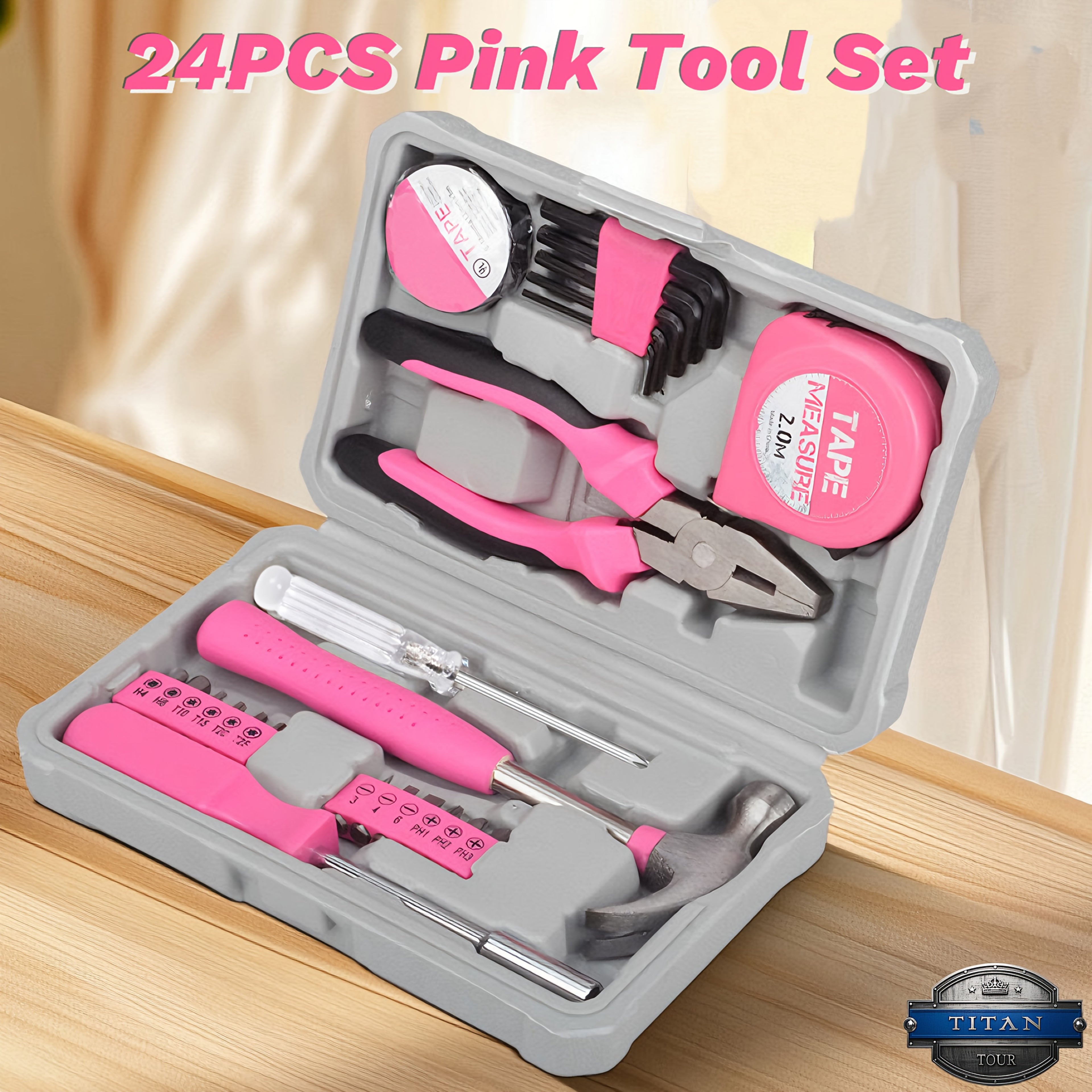Pink Tool Set Halloween Gift | 24pcs CR-V Alloy Steel Car Repair Tool Kit Set W/ Toolbox | Professional Wrenches/ Pliers/ Screwdrivers/ Claw Hammer/ Tape Measure | Anti-Rust Durable Hand Tools for Automotive & Motorcycle Maintenance