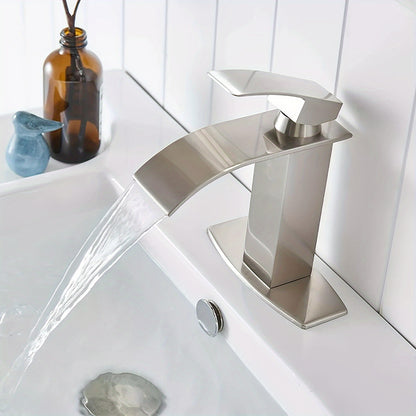Waterfall Bathroom Faucet Single Hole 1 or 3 Hole Sink Mixer Tap with 6" Deck Plate Vanity Faucet for Farmhouse RV Bathroom Matte Black Brushed Nickel
