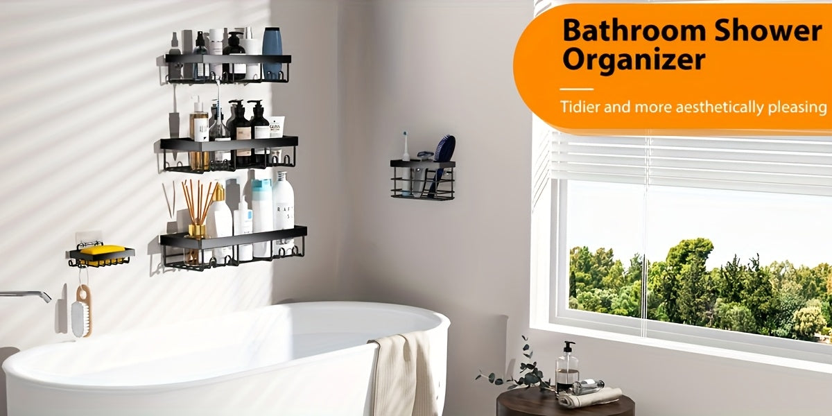 Shower Caddy, Stainless Steel Bathroom Shower Organizers with Soap Caddy & Toothbrush Holder, Wall Rack Baskets Adhesives Mounted, Black Shower Shelves for Inside Shower (5pcs)