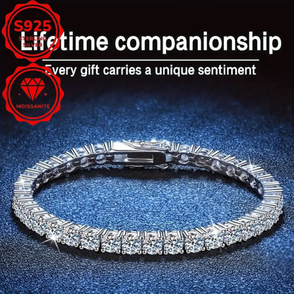 S925 Sterling Silver 4mm Moissanite Tennis Bracelet for Women - Bright Cut Diamond-Like Stones, Elegant Luxury Bracelet for Weddings, Birthdays, Anniversaries & Mother's Day, 10.747g