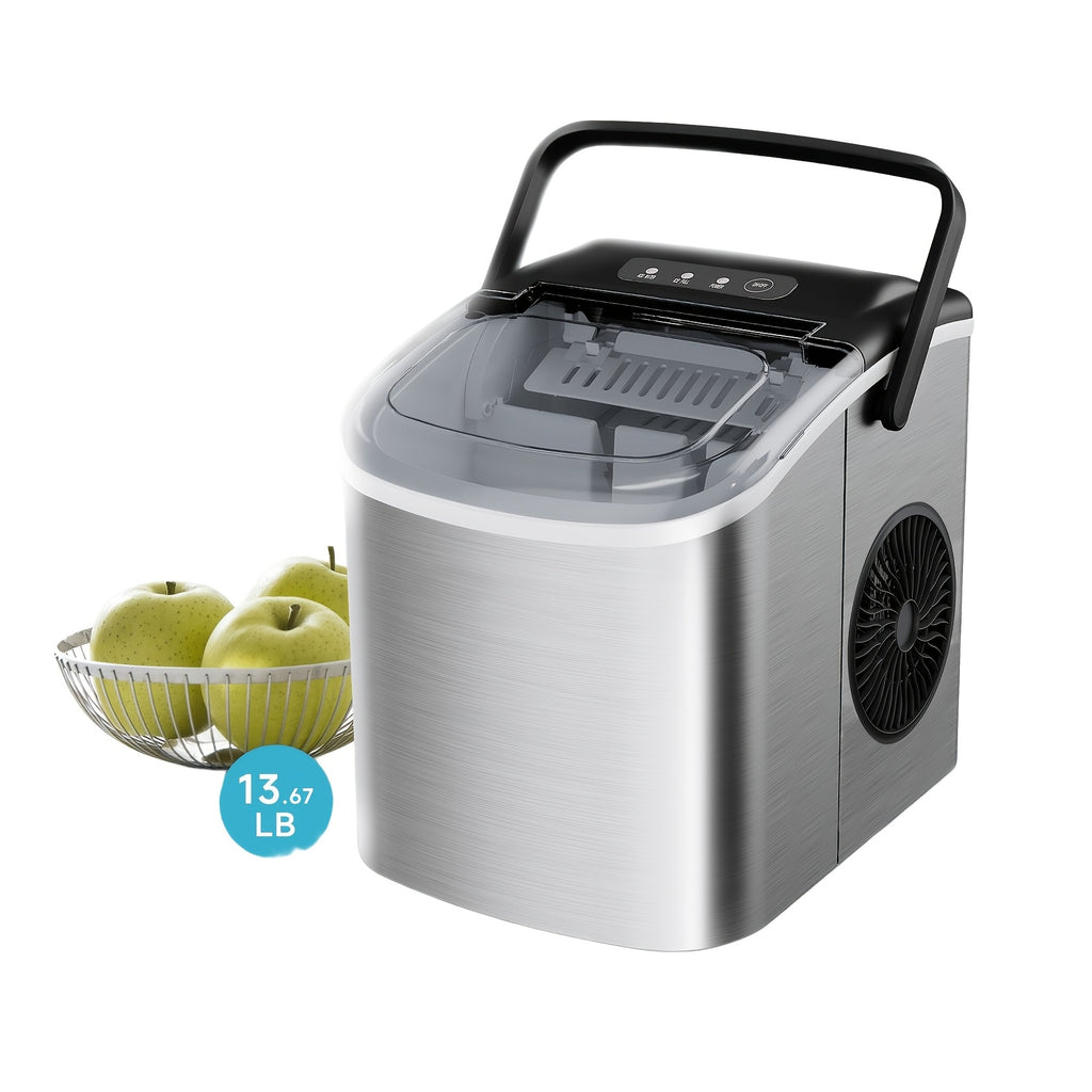 Portable Countertop Ice Maker with Carrying Handle, Makes 9 Ice Cubes in 6 Minutes, Produces 26 Lbs of Ice in 24 Hours, Self-Cleaning Ice Maker, Includes Ice Storage Basket and Ice Scoop, Suitable for Family Gatherings, Kitchen, Camping, RV, DIY Iced