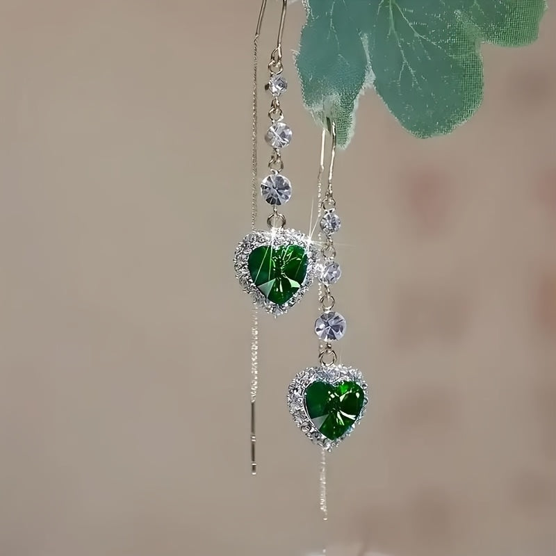 Two Pairs of Elegant Heart-Shaped Earrings Featuring Blue And Green Artificial Crystals with Tassels, Adorned with Sparkling Rhinestones, Making Them a Perfect Accessory for Women on Any Occasion, And an Ideal Gift for Valentine'S Day