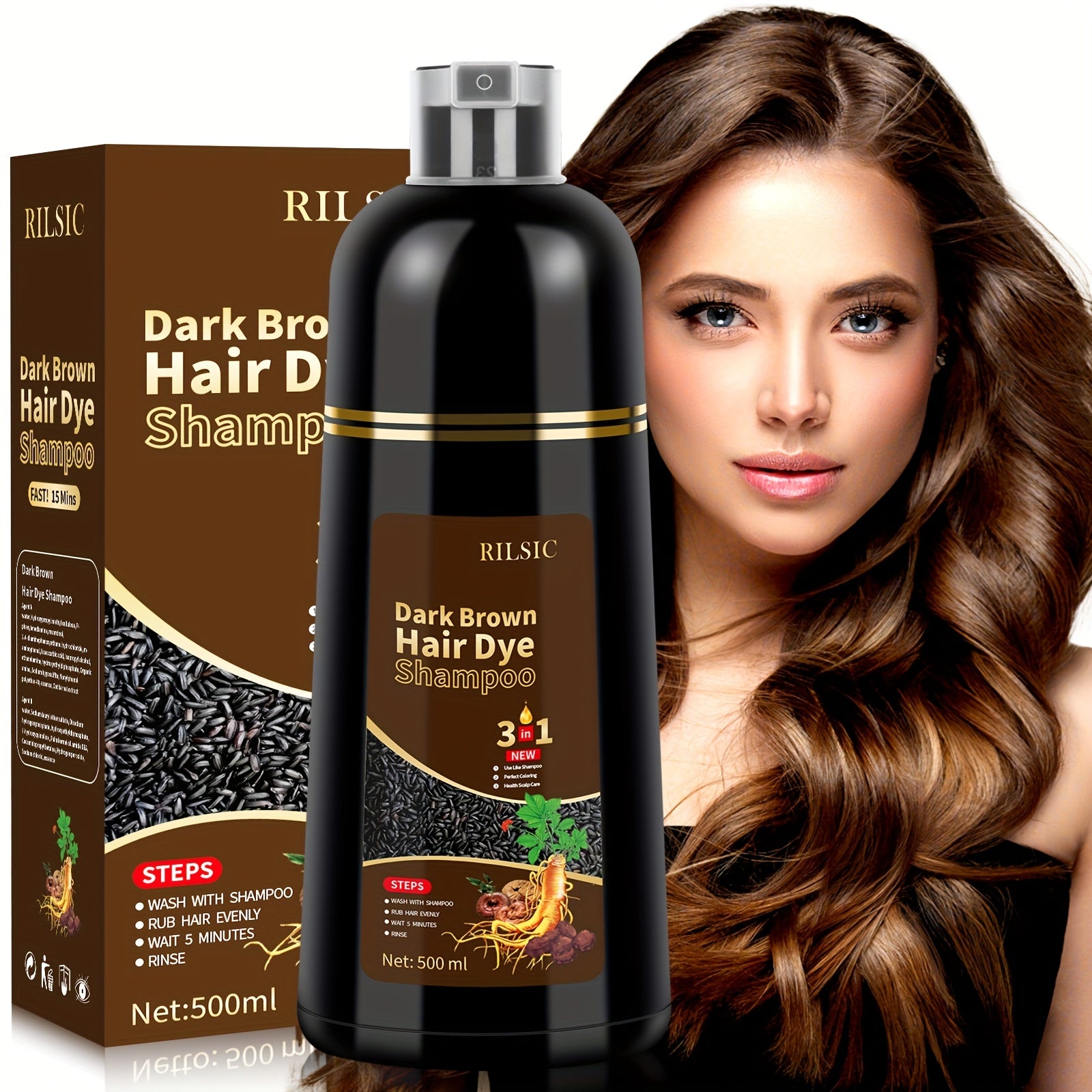 RILSIC 3-in-1 Herbal Hair Dye Colour Shampoo – Instant Natural Hair Colouring in Minutes for Women & Men | 16.91oz Halloween & Everyday Gift