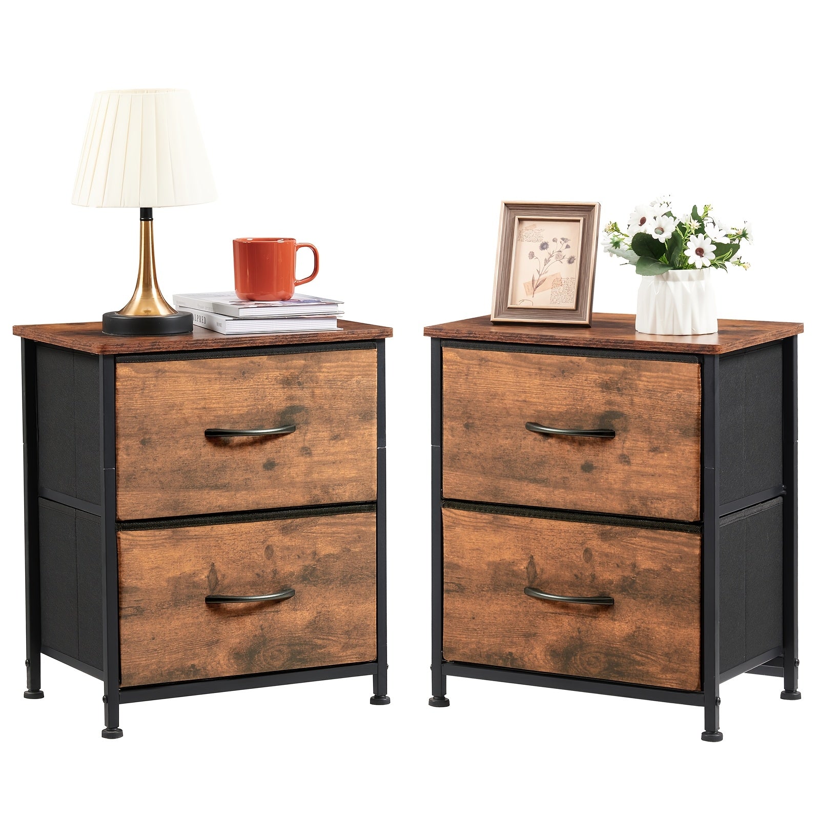 EUNOS 2-Drawer Nightstand with Removable Fabric Bins – Sturdy Steel Frame, Wood Top Bedside Table | Small Dresser for Bedroom, Closet & Living Room | 3 Finishes, 1pc & 2pc Options | ShopVora CA