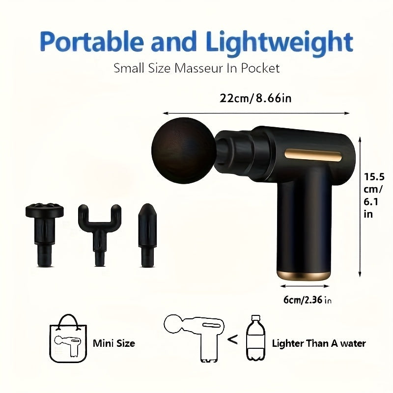 Compact Massage Device Featuring an LED Display - Rechargeable Muscle Soother, Comes with 4 Interchangeable Attachments, Powered by a 1200Mah Lithium Battery, Designed in Black And Golden, Ideal for Home And Travel