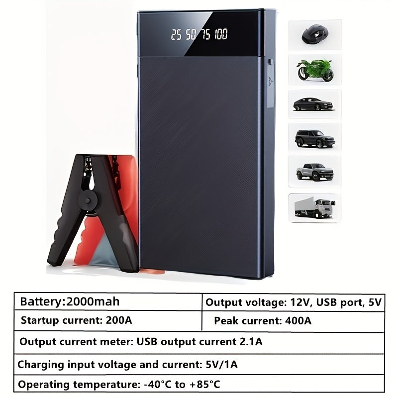 2000Mah Portable Wireless Car Emergency Start Power Supply, Battery Emergency Start, Portable Peak, 12V (8.0L Gasoline/1.72 Gallon Diesel) Quick Start Car, USB In/Out, LED Emergency Light, Car Additions Tools, Vehicle Emergency Tools