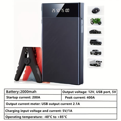 2000mAh Portable Wireless Car Jump Starter, 12V Emergency Battery Booster for 8.0L Gas & 1.72 Gal Diesel Engines, USB In/Out Charging, LED Emergency Light – Compact Vehicle Emergency Tool