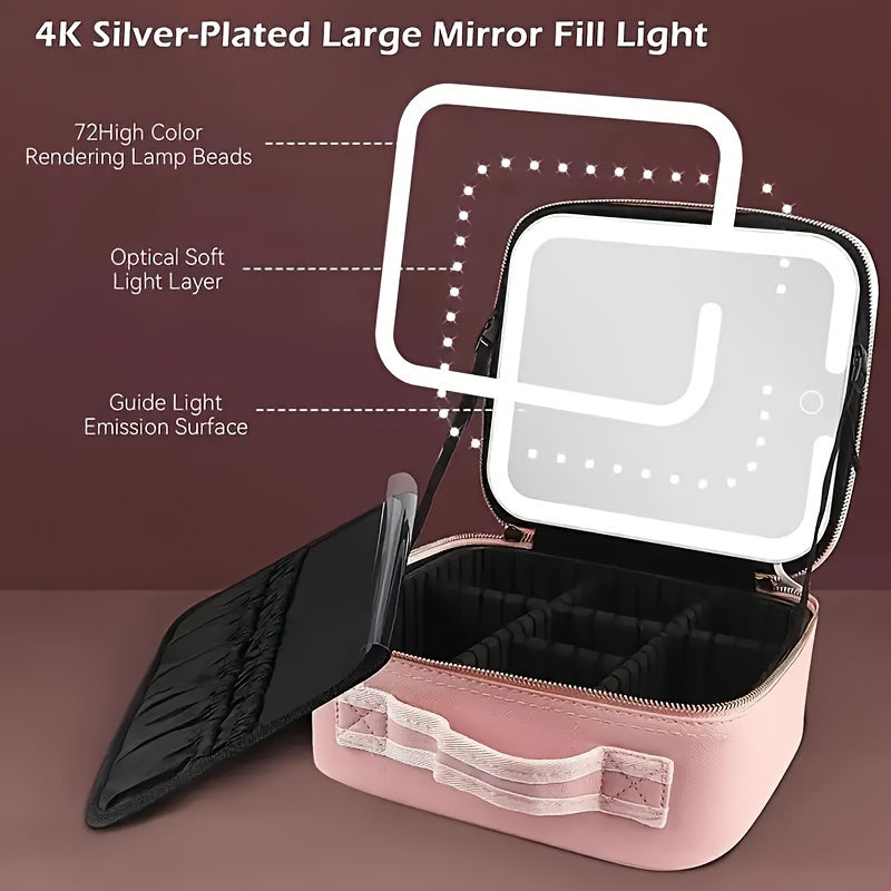 Makeup Bag With Mirror Of LED Lighted, Travel Makeup Train Case Cosmetic Bag Organizer With Mirror And Lights, Make Up Bag With Light Up Mirror Adjustable Divider Brush Board, Christmas Halloween Thanksgiving Gift