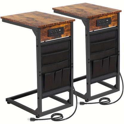 C Table Set of 2 with Charging Station & Storage Bag – Slide Under Sofa Side Table with 2 USB Ports & 2 Outlets, TV Tray Couch End Tables for Living Room
