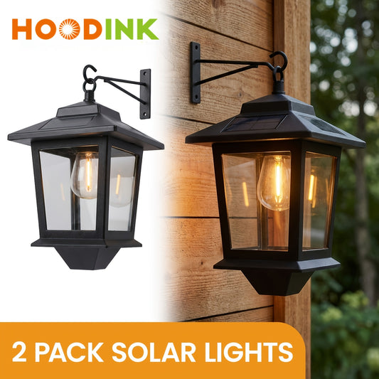 Set of 2 Solar-Powered Wall Lanterns, Designed for Outdoor Use, Featuring 4 Solar Panels, LED Lights That Operate from Dusk Till Dawn, Rust-Resistant And Waterproof with Hooks Included