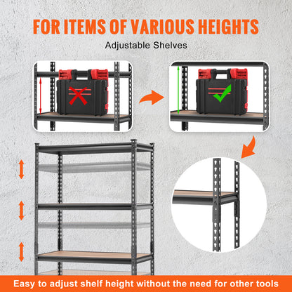 VEVOR 5-Tier Adjustable Storage Shelving Unit 2000 lbs – Heavy Duty Metal Garage Shelves, 2-in-1 Convertible Utility Rack, Rust-Proof SPCC Steel, 30"x12"x60" or 36"x18"x72", for Garage, Pantry, Basement & Laundry