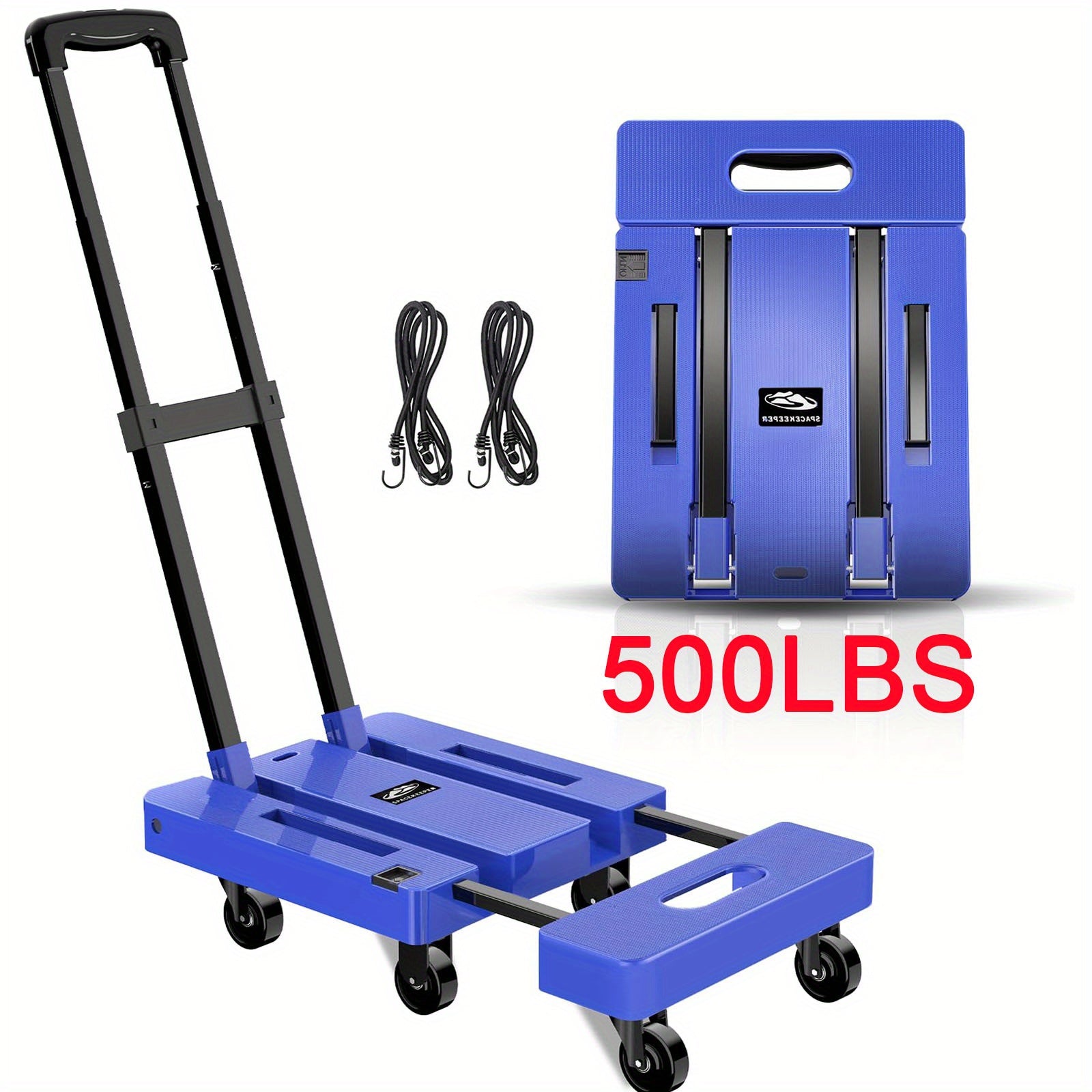 Folding Hand Truck 500 Lbs Heavy Duty, 6-Wheel Collapsible Dolly Cart with Extendable Base, Adjustable Telescoping Handle, 2 Elastic Ropes, Portable Luggage Cart for Moving Shopping Travel Industry