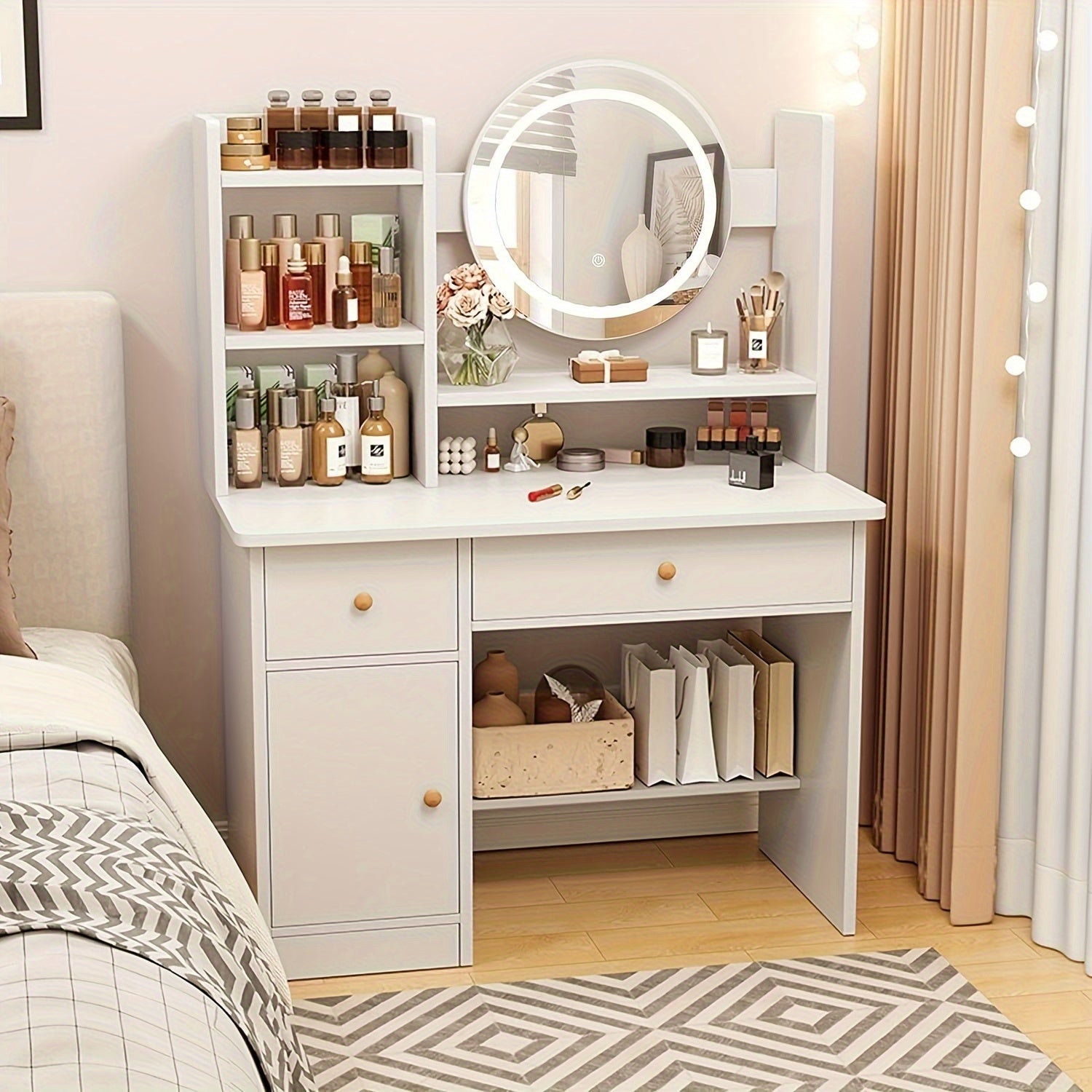 Makeup Vanity Desk with Lighted Mirror Touch Screen 3 Lighting Modes Brightness Adjustable Drawers Storage Shelves Bedroom Dressing Table - Canada