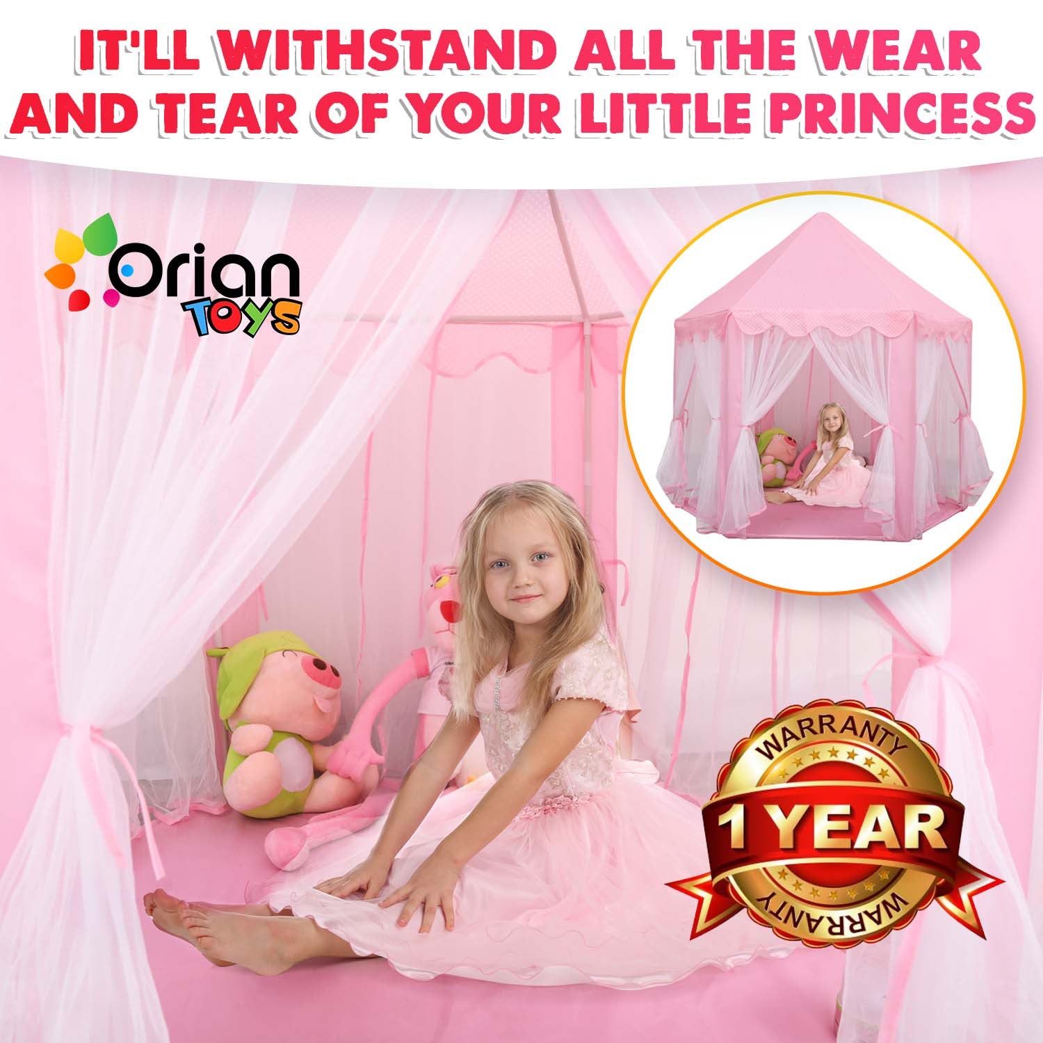Princess Castle Play Tent with Star-LED Lights – Large Pink Indoor & Outdoor Kids Playhouse, Easy-Setup Fairy Castle for Birthday & Christmas Gifts