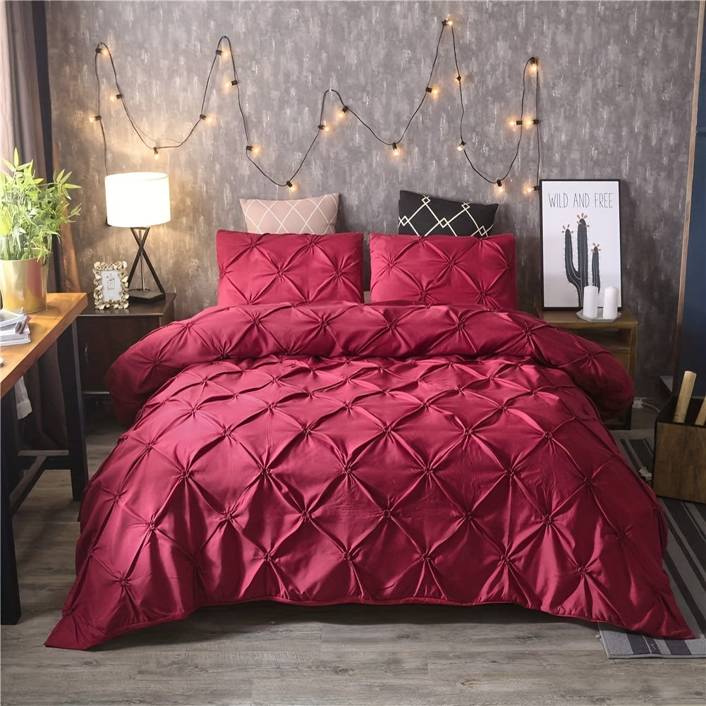 Pinch Pleat Tufted Duvet Cover Set 2/3pcs White – Geometric Comforter Cover with Pillow Shams, Soft All-Season Bedding for Bedroom Decor, Twin Full Queen King