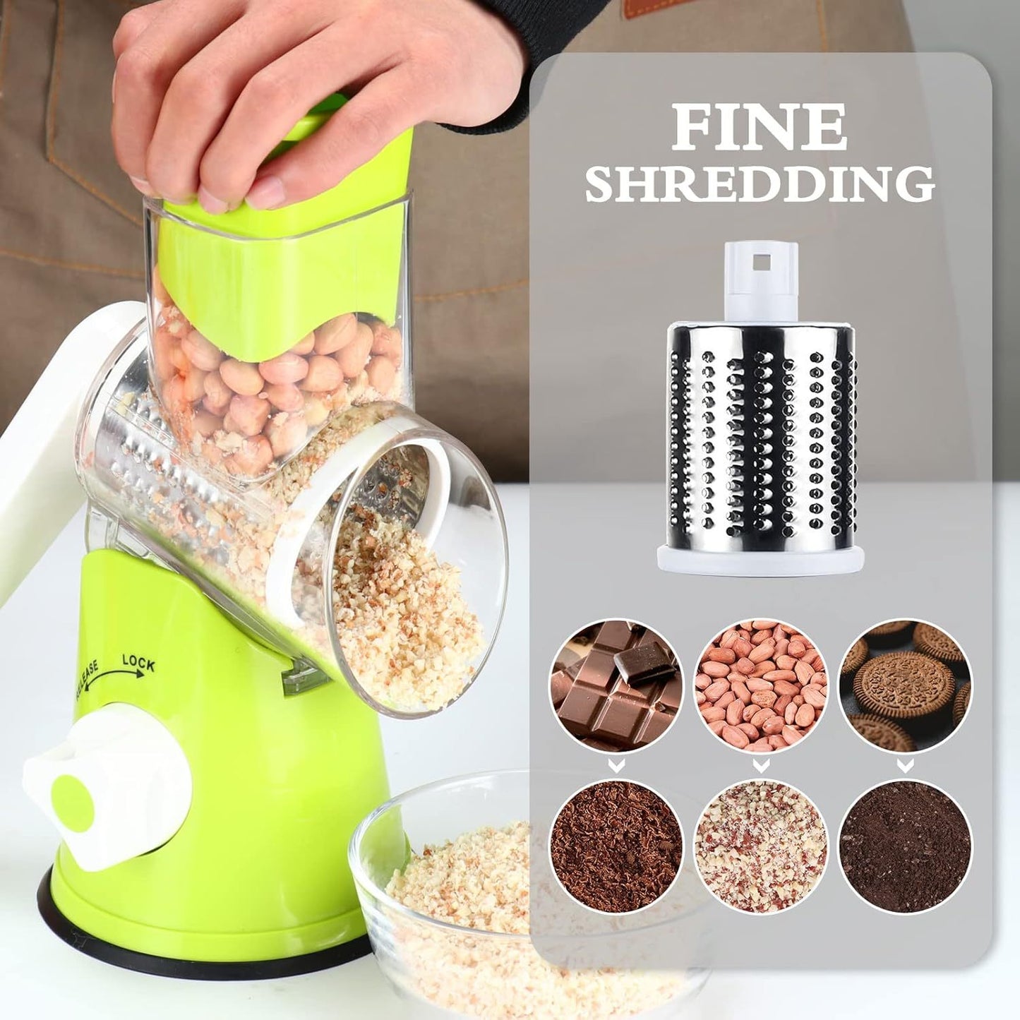 4-Piece Hand-Crank Drum Vegetable Cutter & Slicer – Manual Multi-Functional Kitchen Vegetable Chopper with Interchangeable Drums for Shredding, Slicing & Grating