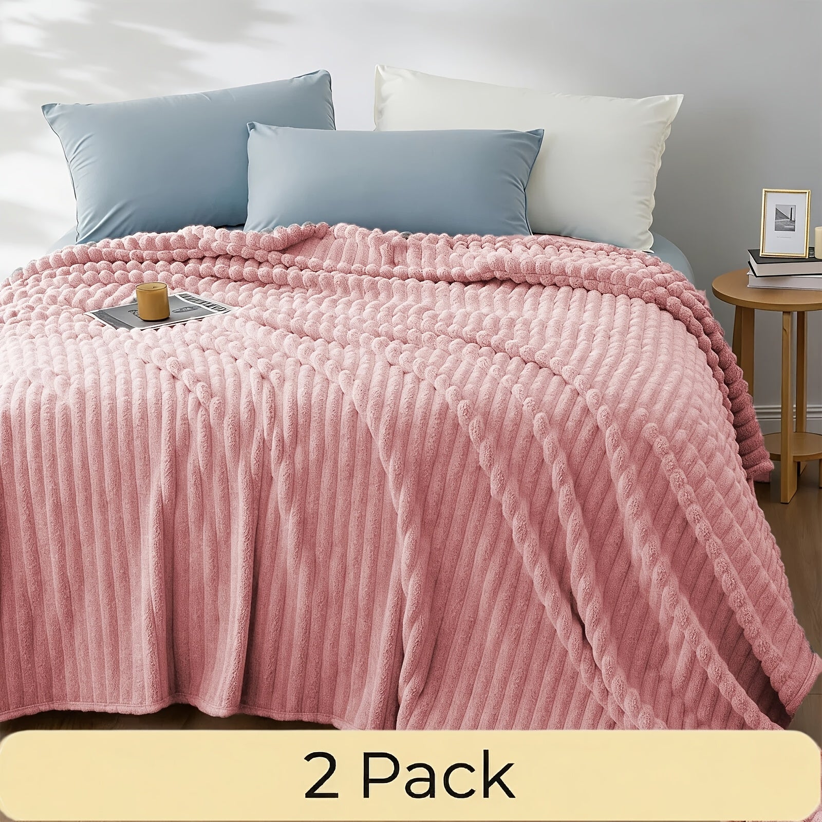 Faux Fur Rabbit Blanket Set of 2 – 260GSM Striped Luxury Plush Throw, OEKO-TEX Certified, Machine Washable, Cozy Sofa & Bed Blanket for Women & Men, Multiple Colours