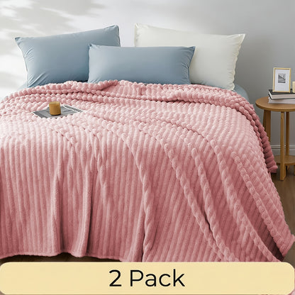 Faux Fur Rabbit Blanket Set of 2 – 260GSM Striped Luxury Plush Throw, OEKO-TEX Certified, Machine Washable, Cozy Sofa & Bed Blanket for Women & Men, Multiple Colours