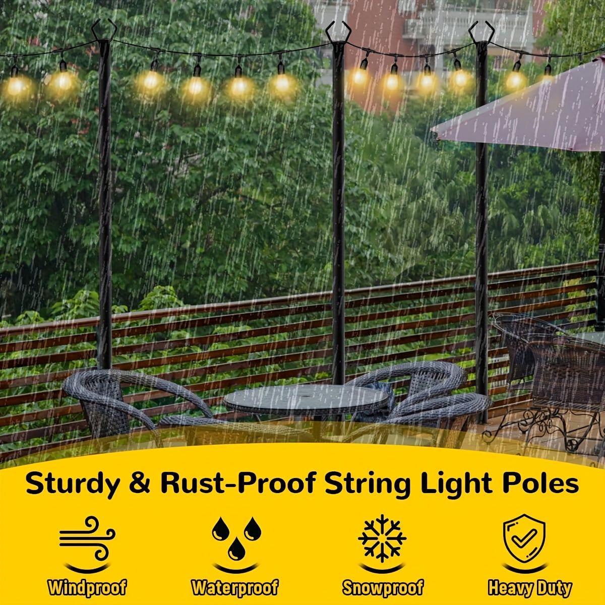 4pcs 10ft Heavy Duty Metal String Lights Adjustable Outdoor Lighting Bracket Suitable for Patio, Backyard, Garden, Party and Wedding Rustproof and Sturdy with Hooks (Excluding String Lights)