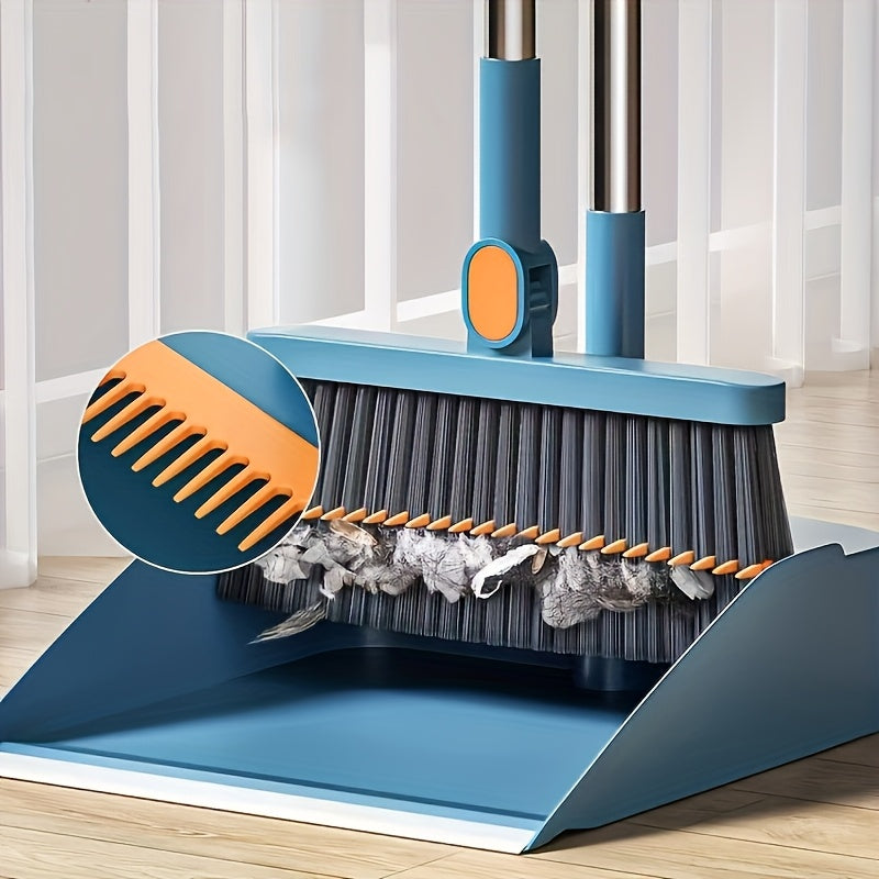 2-in-1 Foldable Broom and Dustpan Set with Rotating Design – Upright Standing, No-Bend Sweeping, Multi-Functional Household Cleaning Tool for Home Kitchen Bathroom, Blue & Grey